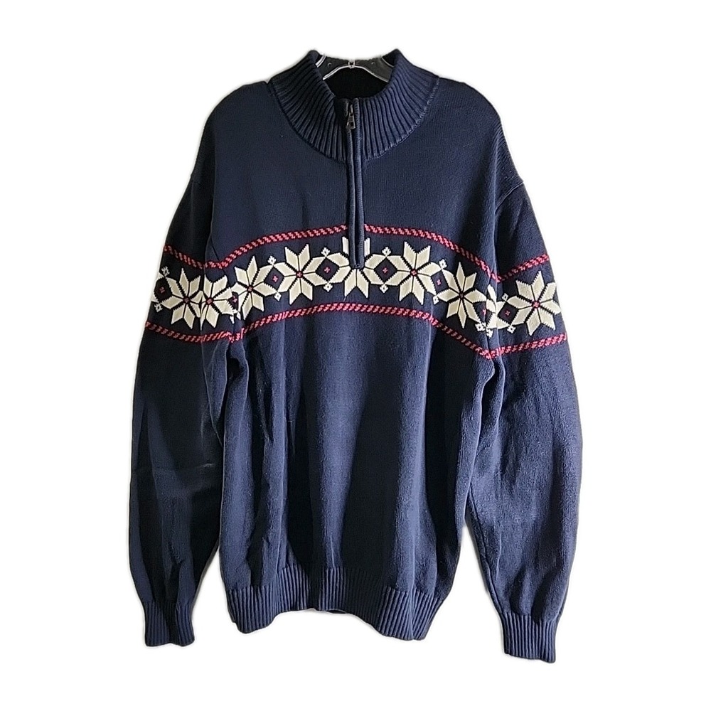 Weatherproof Vintage Holiday 1/4 Zip Sweater Men's XXL Blue White Snowflakes